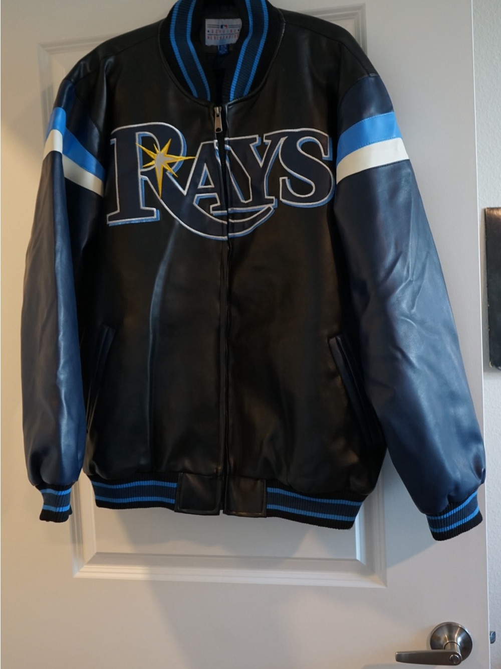 Pre-loved Rays Black & Blue Faux Leather Varsity Jacket